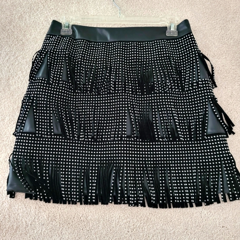 Studded Fringe Faux Leather Mini Skirt